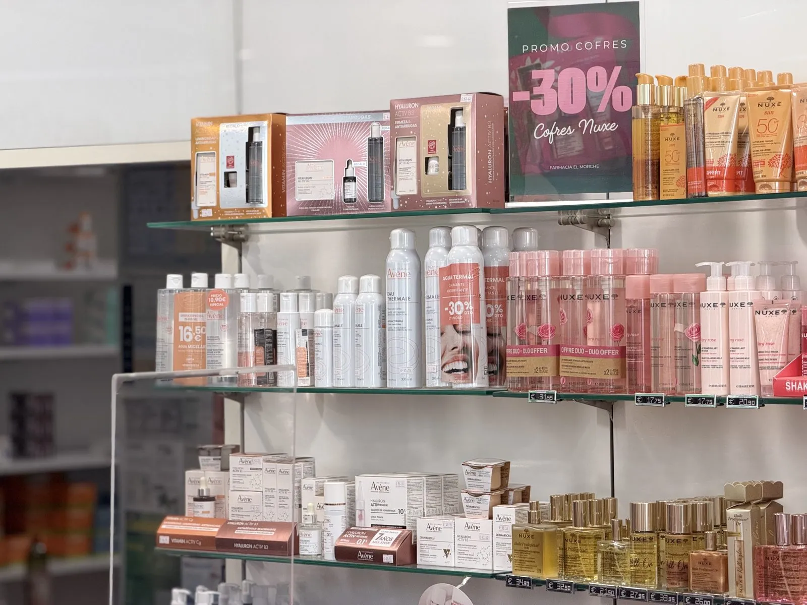 Dermopharmacy and skincare section at Farmacia El Morche
